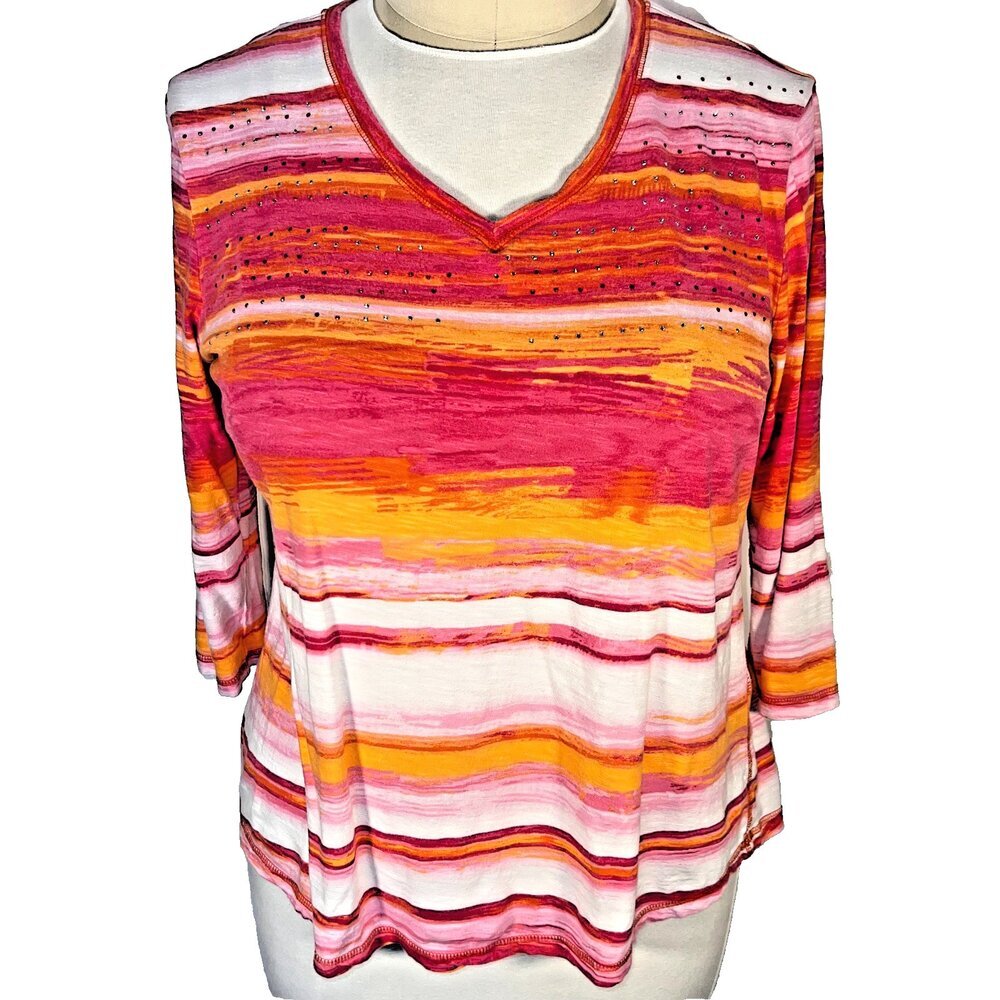Chico's Weekends Top Blouse Womens XL (3) Pink Orange Watercolor Stripe V-Neck